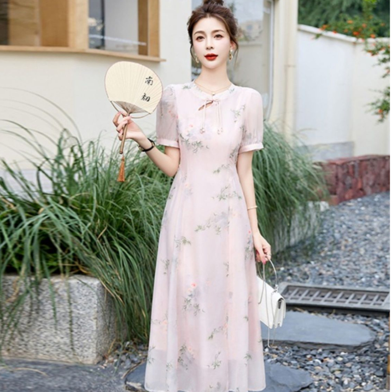 New Chinese Style Short Sleeve Dress 2026 Summer Slimming Floral Qipao for Women - Image 3