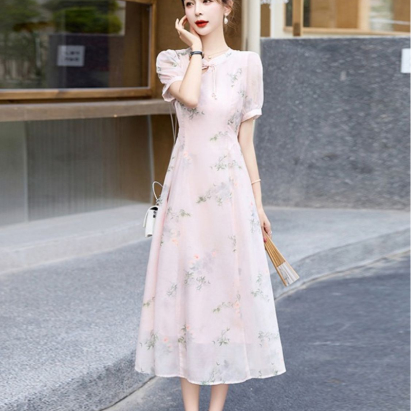 New Chinese Style Short Sleeve Dress 2026 Summer Slimming Floral Qipao for Women - Image 4