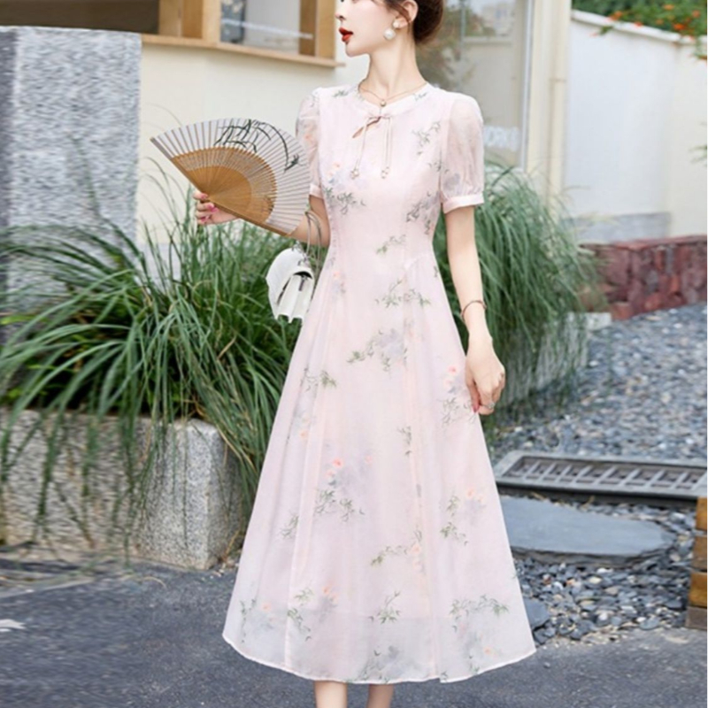 New Chinese Style Short Sleeve Dress 2026 Summer Slimming Floral Qipao for Women - Image 5