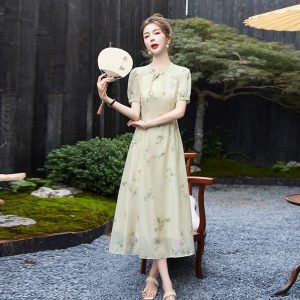 New Chinese Style Short Sleeve Dress 2026 Summer Slimming Floral Qipao for Women