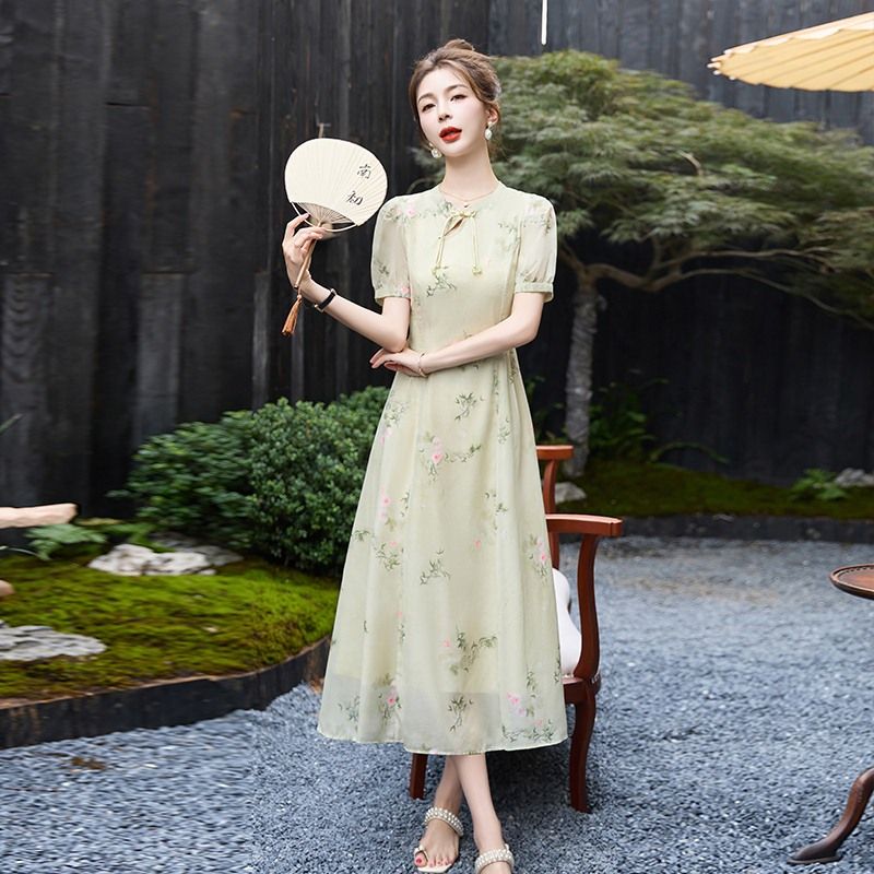 New Chinese Style Short Sleeve Dress 2026 Summer Slimming Floral Qipao for Women