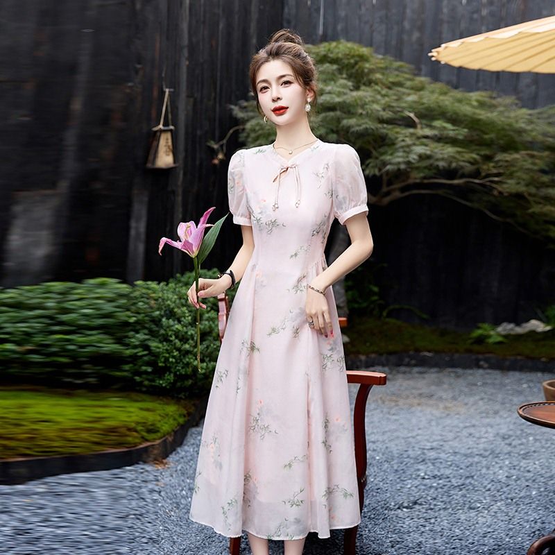 New Chinese Style Short Sleeve Dress 2026 Summer Slimming Floral Qipao for Women - Image 2