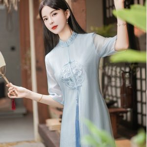 Women's Chinese Style Zen Tea Dress 2026 Summer Embroidered New Chinese Style Flowing Qipao-Inspired A-Line Dress