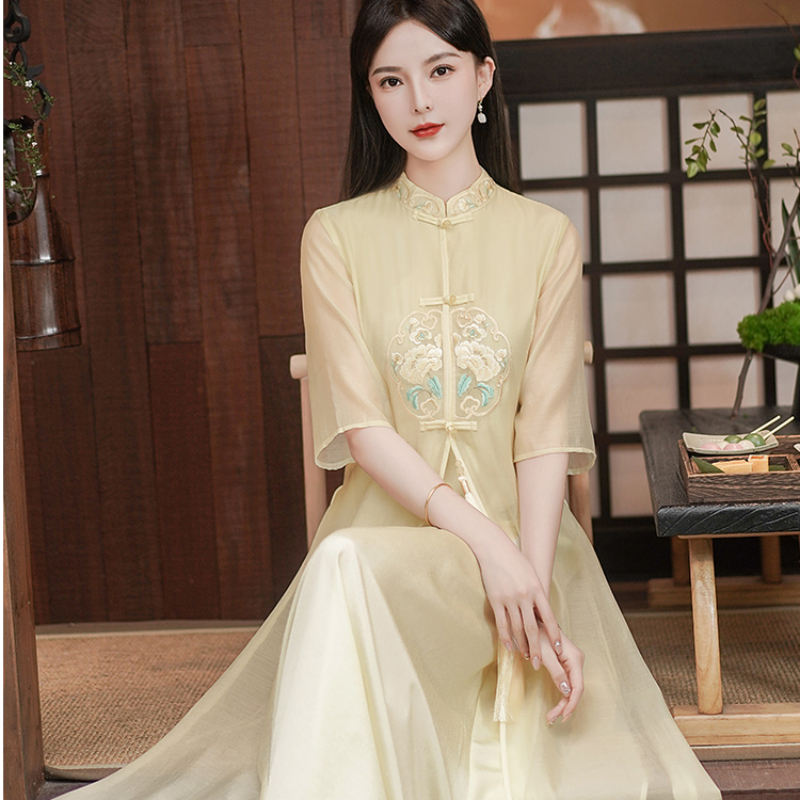 Women's Chinese Style Zen Tea Dress 2026 Summer Embroidered New Chinese Style Flowing Qipao-Inspired A-Line Dress - Image 4