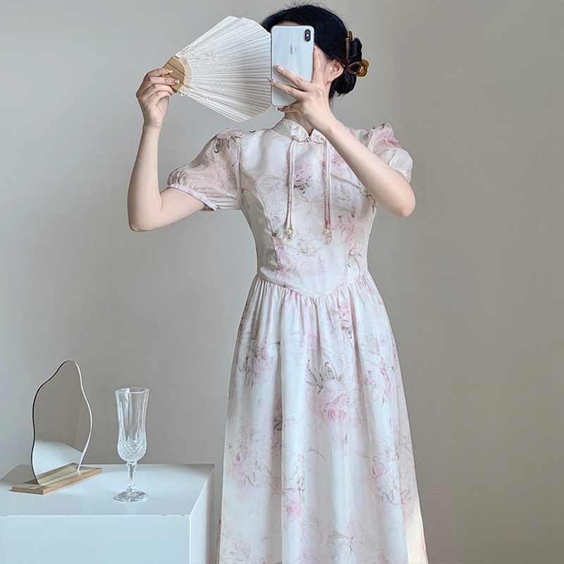 French Floral Short Sleeve Elegant Dress Improved Qipao Summer New Chinese Style Retro Pankou Pure Desire Girl Dress - Image 3