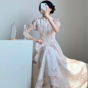 French Floral Short Sleeve Elegant Dress Improved Qipao Summer New Chinese Style Retro Pankou Pure Desire Girl Dress