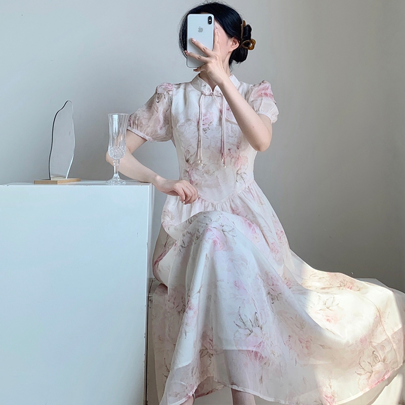 French Floral Short Sleeve Elegant Dress Improved Qipao Summer New Chinese Style Retro Pankou Pure Desire Girl Dress