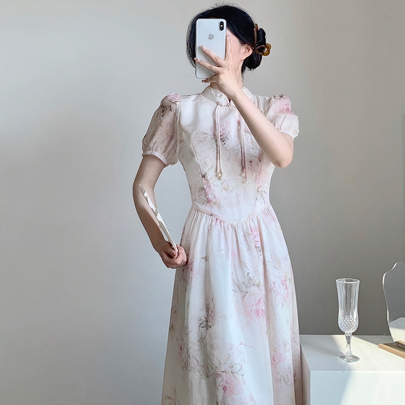 French Floral Short Sleeve Elegant Dress Improved Qipao Summer New Chinese Style Retro Pankou Pure Desire Girl Dress - Image 2