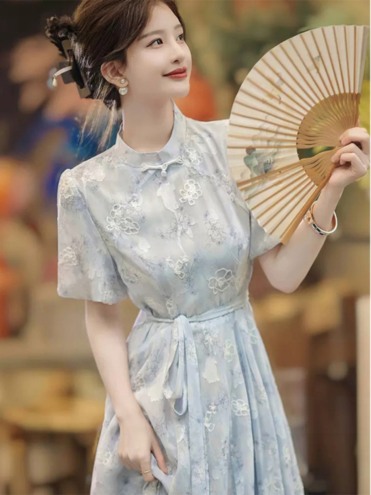 New Chinese Style Cheongsam Dress for Young Women Blue Floral Long A-Line Dress - Image 2