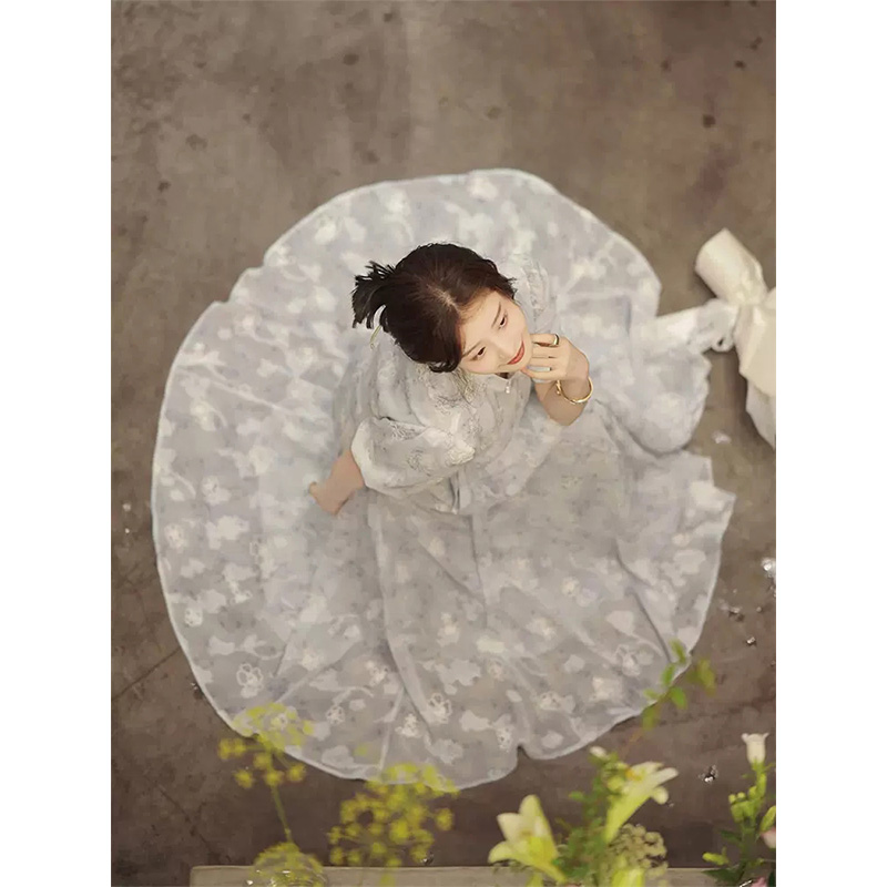 New Chinese Style Cheongsam Dress for Young Women Blue Floral Long A-Line Dress - Image 3