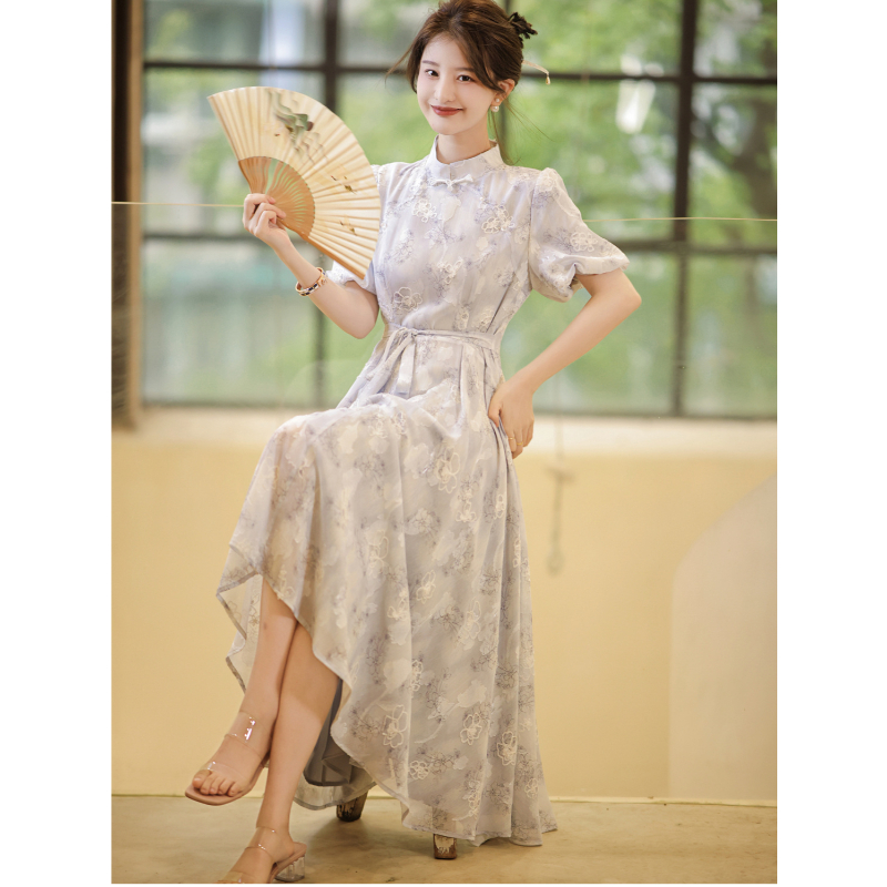 New Chinese Style Cheongsam Dress for Young Women Blue Floral Long A-Line Dress