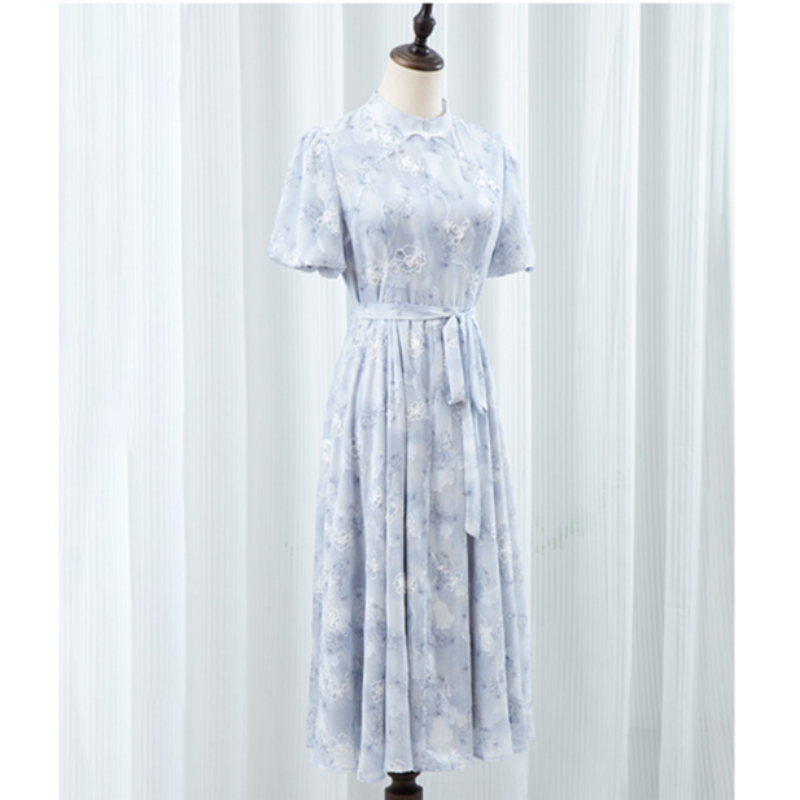 New Chinese Style Cheongsam Dress for Young Women Blue Floral Long A-Line Dress - Image 5