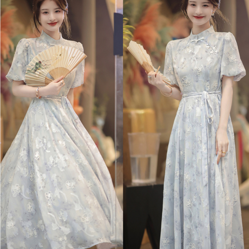 New Chinese Style Cheongsam Dress for Young Women Blue Floral Long A-Line Dress - Image 4