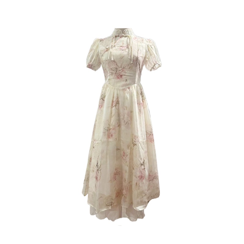 French Floral Short Sleeve Elegant Dress Improved Qipao Summer New Chinese Style Retro Pankou Pure Desire Girl Dress - Image 5