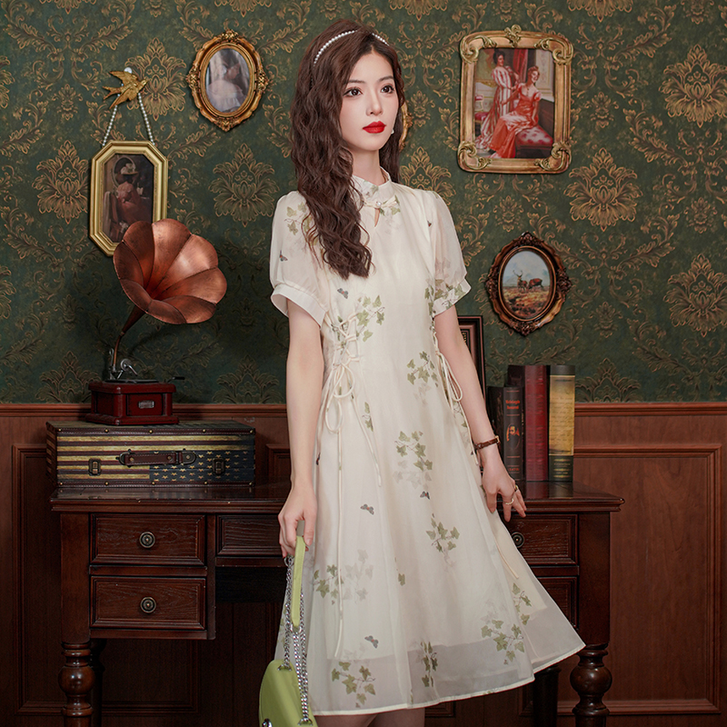 2026 Summer Vintage New Chinese Style Floral Lace-Up Waist Dress - Image 4
