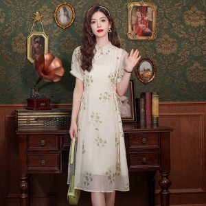 2026 Summer Vintage New Chinese Style Floral Lace-Up Waist Dress