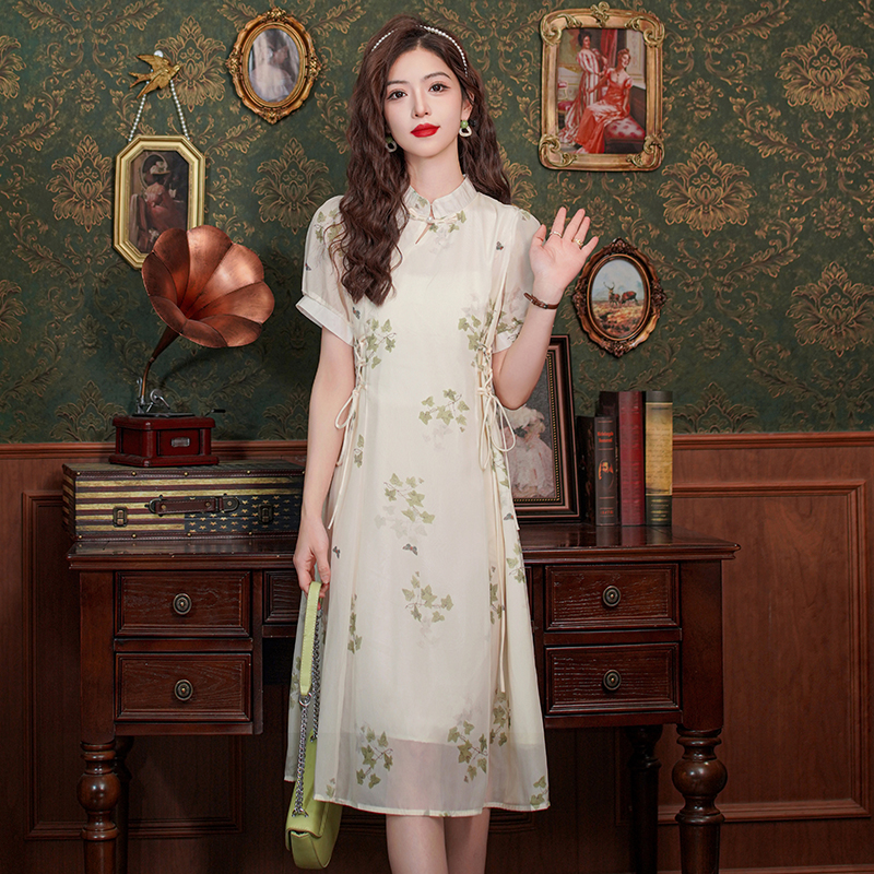 2026 Summer Vintage New Chinese Style Floral Lace-Up Waist Dress