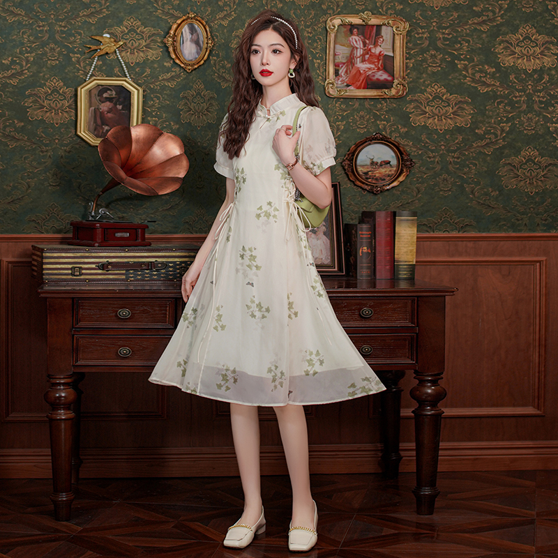 2026 Summer Vintage New Chinese Style Floral Lace-Up Waist Dress - Image 2