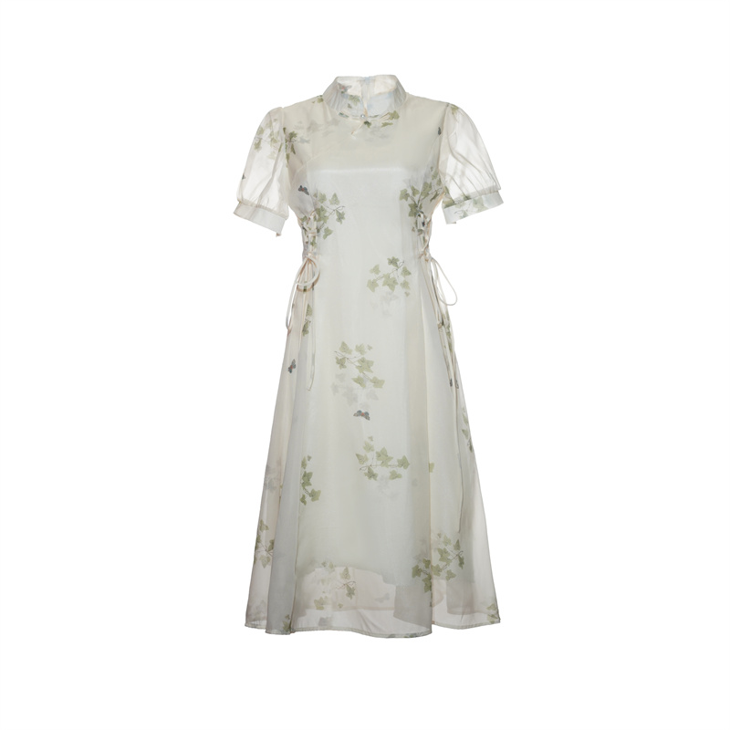2026 Summer Vintage New Chinese Style Floral Lace-Up Waist Dress - Image 5