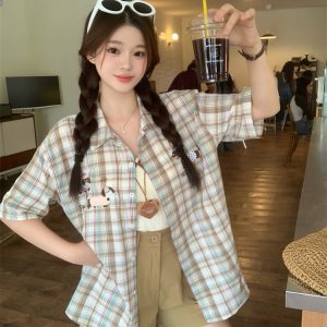 2026 Summer Women's Short Sleeve Plaid Shirt - Style 909b2f