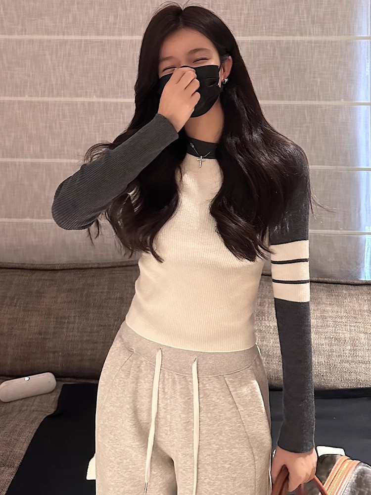 Women's Color Block Striped Knit Sweater 2026 Fall Winter Slimming Short Pullover