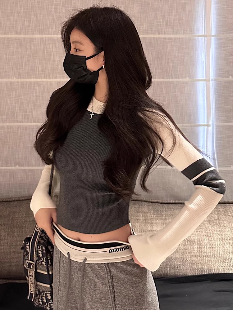 Women's Color Block Striped Knit Sweater 2026 Fall Winter Slimming Short Pullover - Image 2