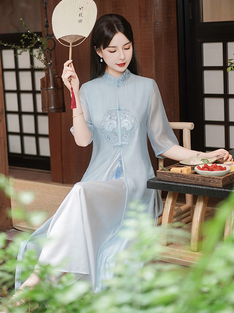 Women's Chinese Style Zen Tea Dress 2026 Summer Embroidered New Chinese Style Flowing Qipao-Inspired A-Line Dress - Image 2