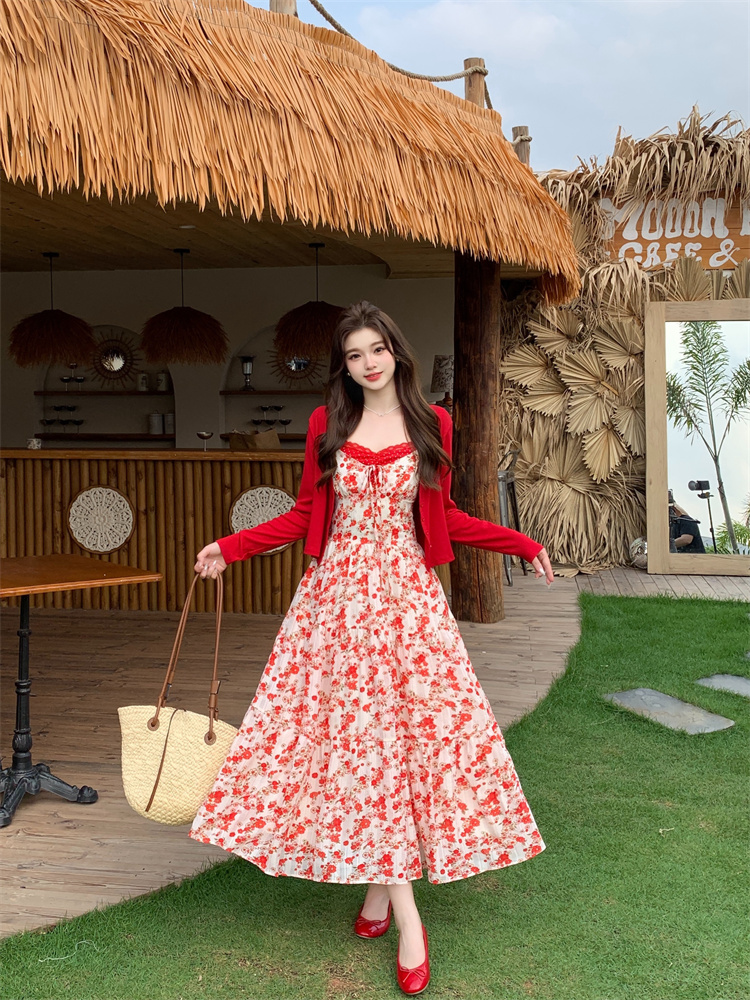 Rose Sweetheart Two-Piece Set Red Cardigan Floral Cami Dress - Image 4