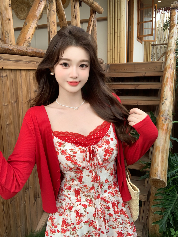 Rose Sweetheart Two-Piece Set Red Cardigan Floral Cami Dress - Image 3