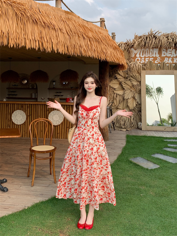 Rose Sweetheart Two-Piece Set Red Cardigan Floral Cami Dress - Image 2