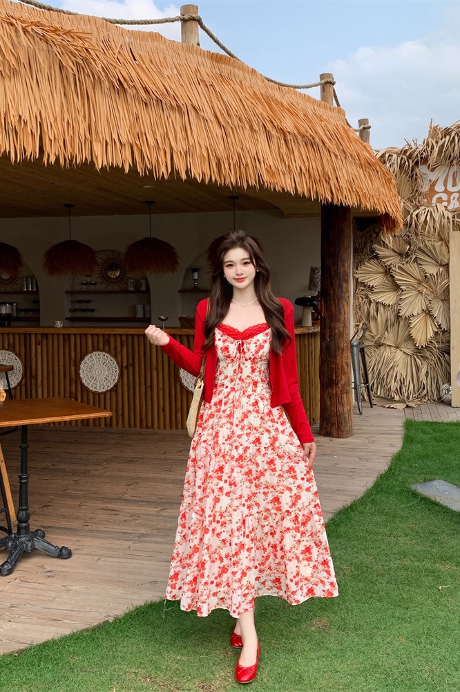 Rose Sweetheart Two-Piece Set Red Cardigan Floral Cami Dress - Image 5