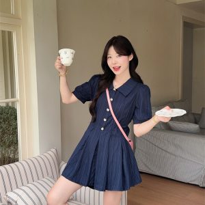 Preppy Puff Sleeve Shirt Dress Set for Curvy Women Summer Slim Waist Sweet Short Skirt