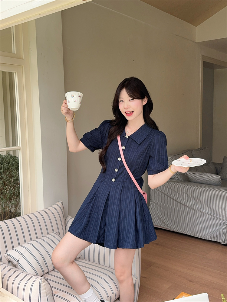 Preppy Puff Sleeve Shirt Dress Set for Curvy Women Summer Slim Waist Sweet Short Skirt