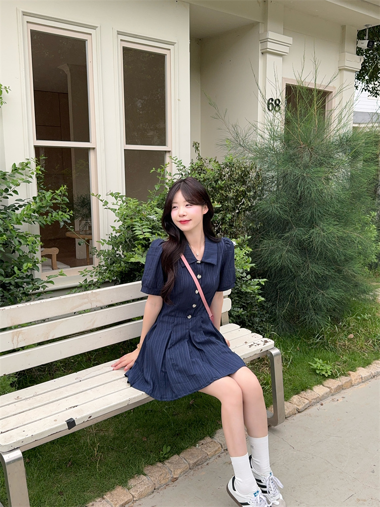 Preppy Puff Sleeve Shirt Dress Set for Curvy Women Summer Slim Waist Sweet Short Skirt - Image 2