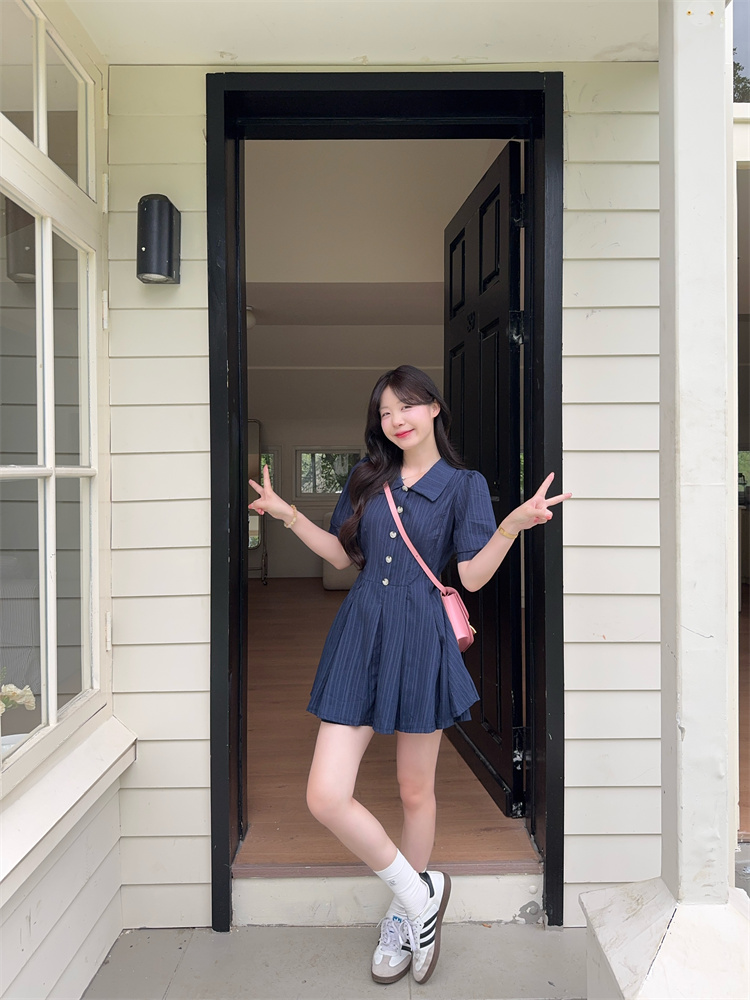 Preppy Puff Sleeve Shirt Dress Set for Curvy Women Summer Slim Waist Sweet Short Skirt - Image 3