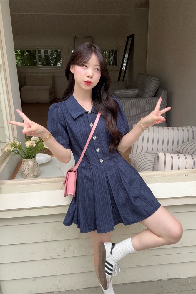 Preppy Puff Sleeve Shirt Dress Set for Curvy Women Summer Slim Waist Sweet Short Skirt - Image 5