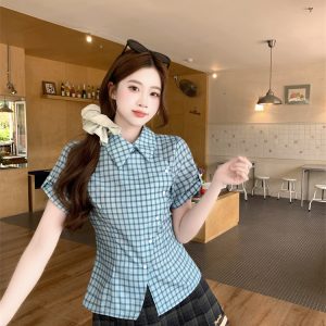 American Retro Blue Plaid Short Sleeve Shirt Women 2026 Summer New Slim Fit Small Design Top