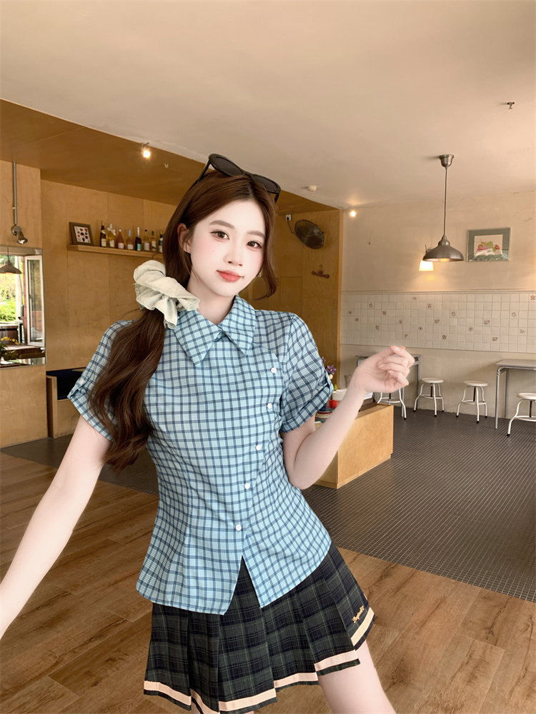 American Retro Blue Plaid Short Sleeve Shirt Women 2026 Summer New Slim Fit Small Design Top