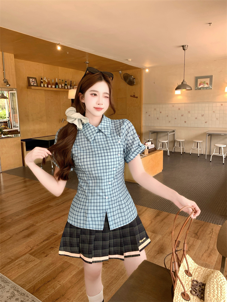 American Retro Blue Plaid Short Sleeve Shirt Women 2026 Summer New Slim Fit Small Design Top - Image 3