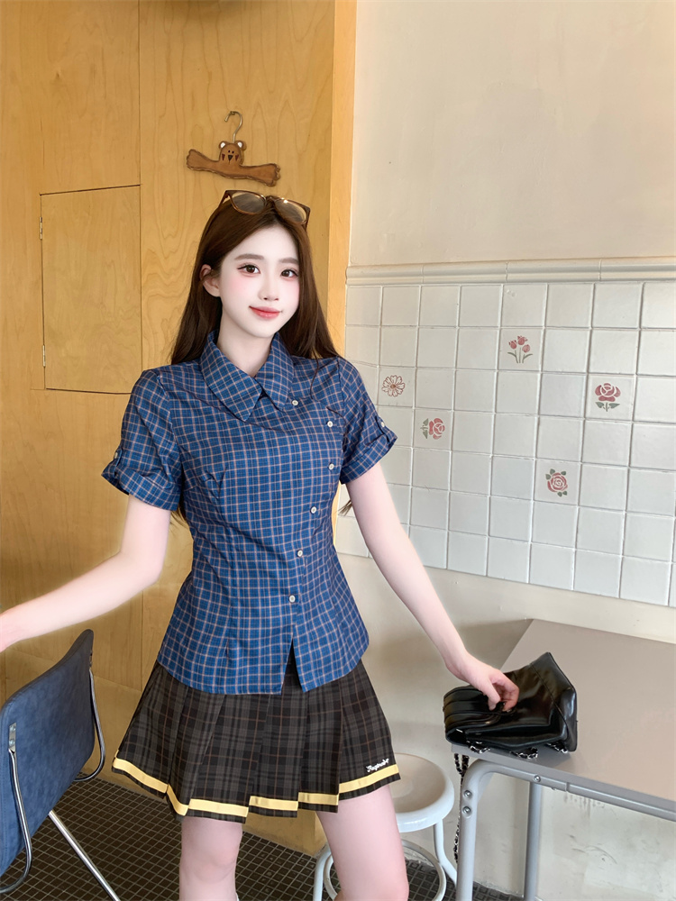 American Retro Blue Plaid Short Sleeve Shirt Women 2026 Summer New Slim Fit Small Design Top - Image 4