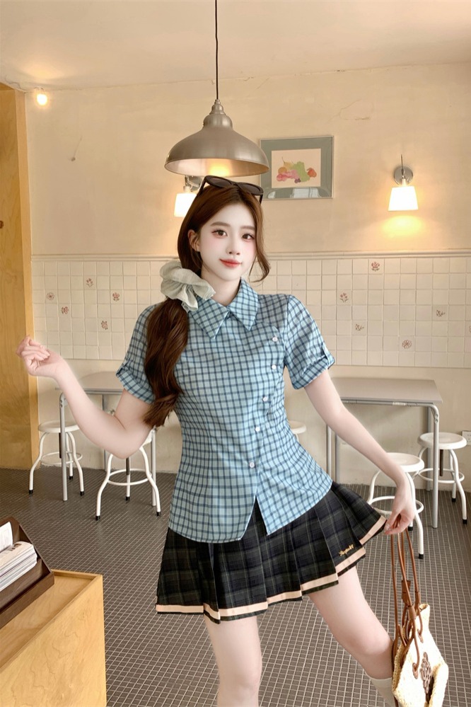 American Retro Blue Plaid Short Sleeve Shirt Women 2026 Summer New Slim Fit Small Design Top - Image 5