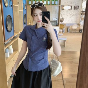 2026 Plaid Asymmetric Collar Short Sleeve Shirt Women Summer Slim Fit Blouse