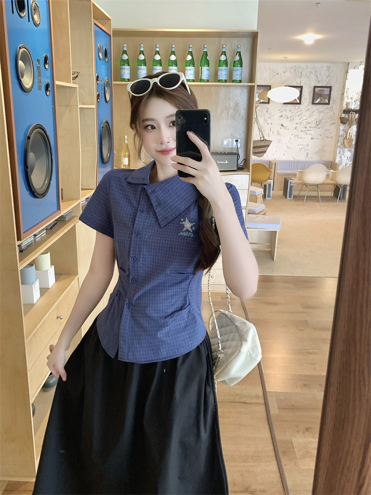 2026 Plaid Asymmetric Collar Short Sleeve Shirt Women Summer Slim Fit Blouse