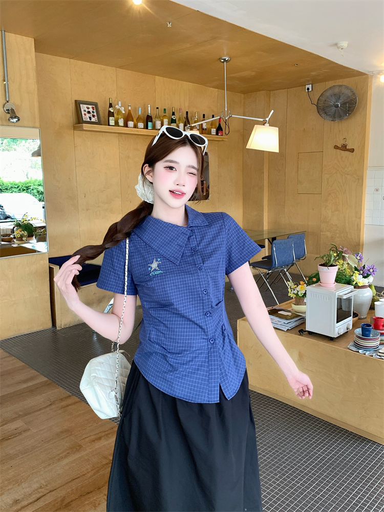 2026 Plaid Asymmetric Collar Short Sleeve Shirt Women Summer Slim Fit Blouse - Image 2
