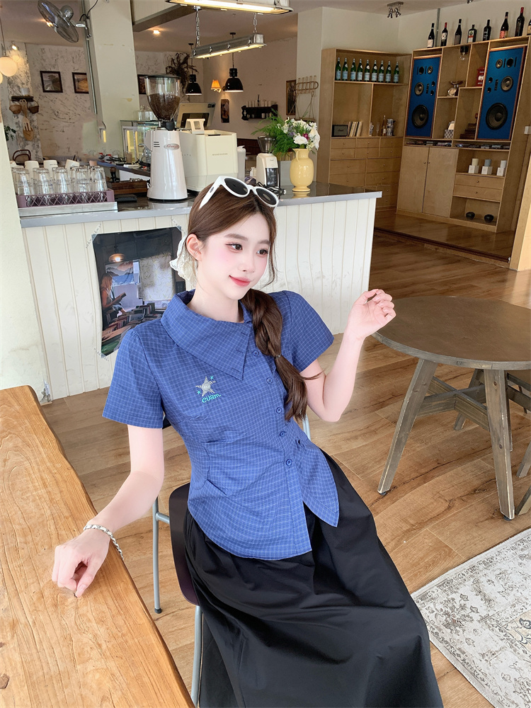 2026 Plaid Asymmetric Collar Short Sleeve Shirt Women Summer Slim Fit Blouse - Image 3