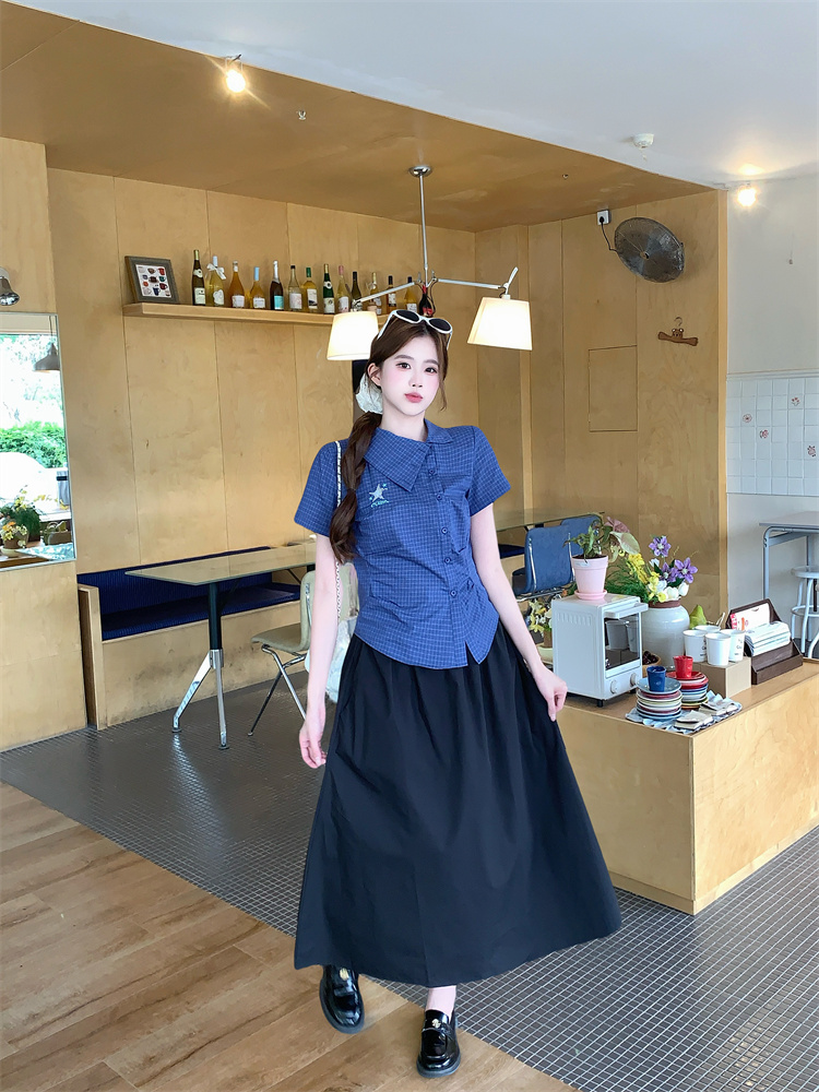 2026 Plaid Asymmetric Collar Short Sleeve Shirt Women Summer Slim Fit Blouse - Image 4