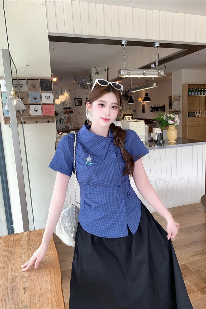 2026 Plaid Asymmetric Collar Short Sleeve Shirt Women Summer Slim Fit Blouse - Image 5