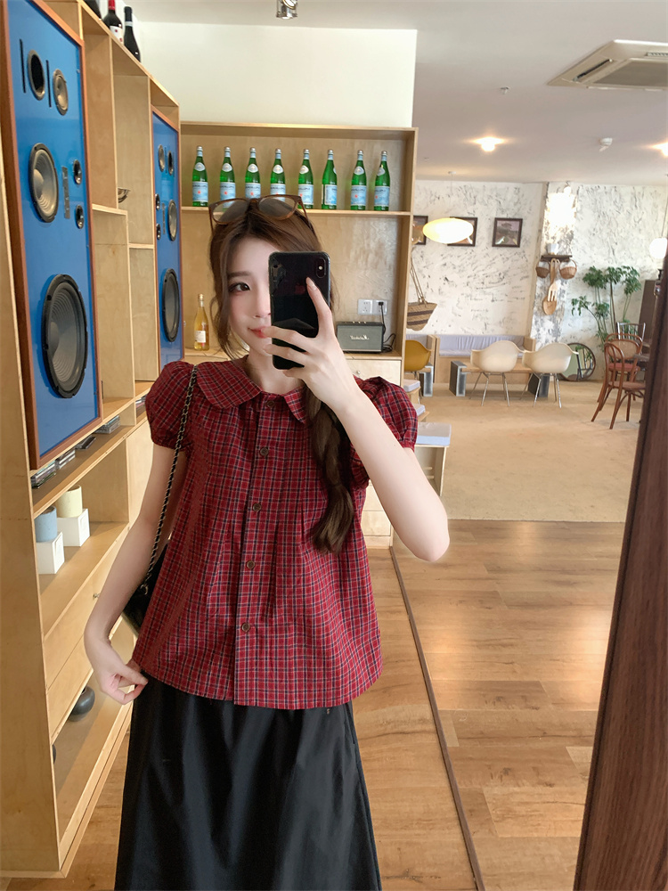 Korean Sweet Plaid Shirt Women Summer Doll Collar Loose Fashion Set