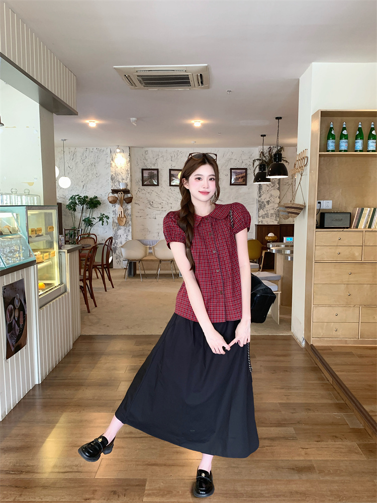 Korean Sweet Plaid Shirt Women Summer Doll Collar Loose Fashion Set - Image 3