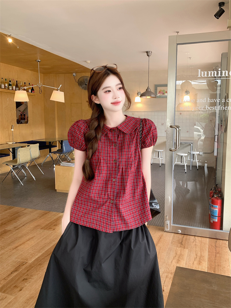 Korean Sweet Plaid Shirt Women Summer Doll Collar Loose Fashion Set - Image 4
